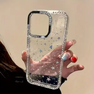 Star-Shaped Rhinestone Glitter IMD Phone Case Featuring a Large Transparent Aperture And a Star Design. It Is for iPhone 16 Pro Max, 15, 14 Plus, 13, 12, And  Protective Cases. Perfect for Christmas, New Year, Easter, Halloween Gifts