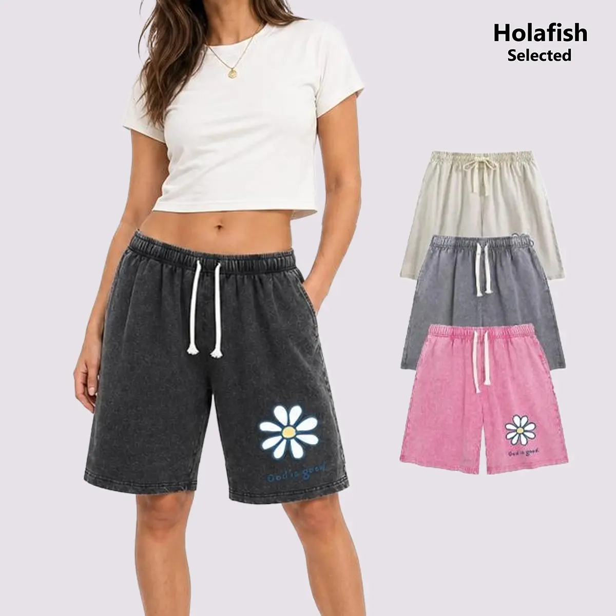 Holafish Womens Acid Wash Loose Shorts, Tiny Floral Motif Breathable Lightweight Fabric, Summer Streetwear Essential for Outdoor Picnics and Casual Getaways summerwins