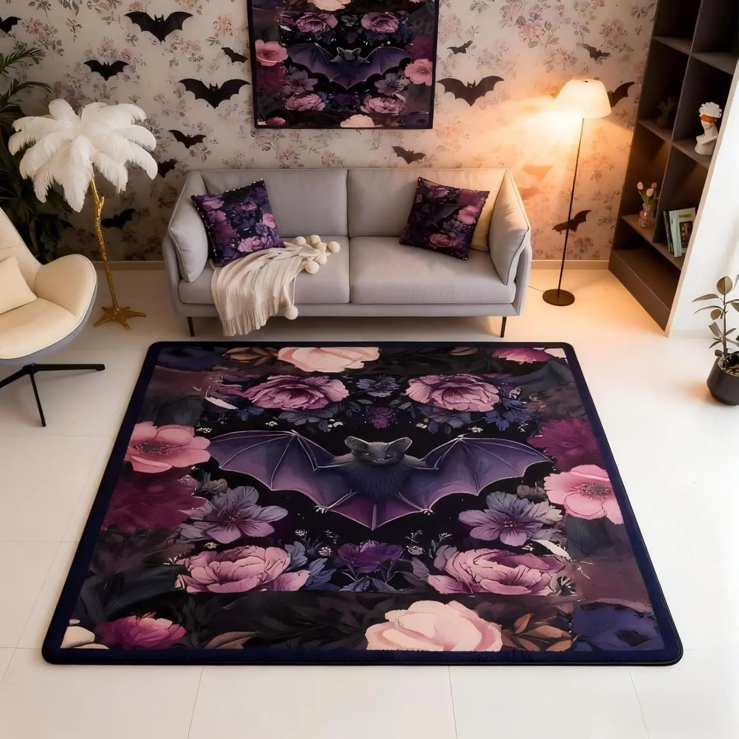 Black Floral Bat 3x5 Area Rug Halloween Bats Rugs for Living Room | Boho Flowers Washable Rug,Romantic Plant Gothic Carpet Indoor Floor Mat