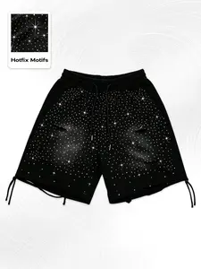 Viral Men Starry Rhinestone Hotfix Shorts, Distressed Broken Hole Baggy Casual Shorts, Elastic Waist Drawstring Y2K Streetwear, Sparkly Night Club Party Hip Hop All Match OOTD #MensFashionTok #GrwmFit #StreetStyleVibe #RhinestoneTrend