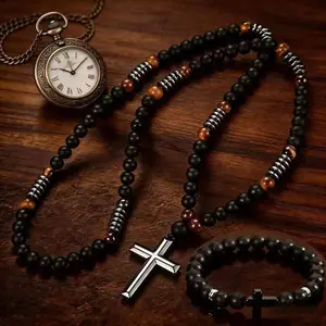 B 2pcs Bohemian Style Cross Pendant Necklaces for Men & Women - Matte Black & Tiger Eye Stones, Natural Stone Beads, Versatile for Daily Wear & Formal Events, Versatile Jewelry, Avant-Garde Necklace, Intricate Beadwork