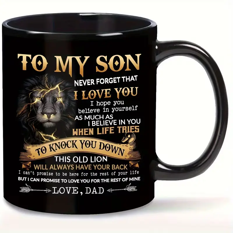 11oz Insulated Ceramic Coffee Mug - Lion Motif, Inspirational Quote, Hand Wash Only, Multipurpose for Hot & Cold Drinks, Bold Contrast Design, Dad to Son Gift for Father’s Day, Birthday