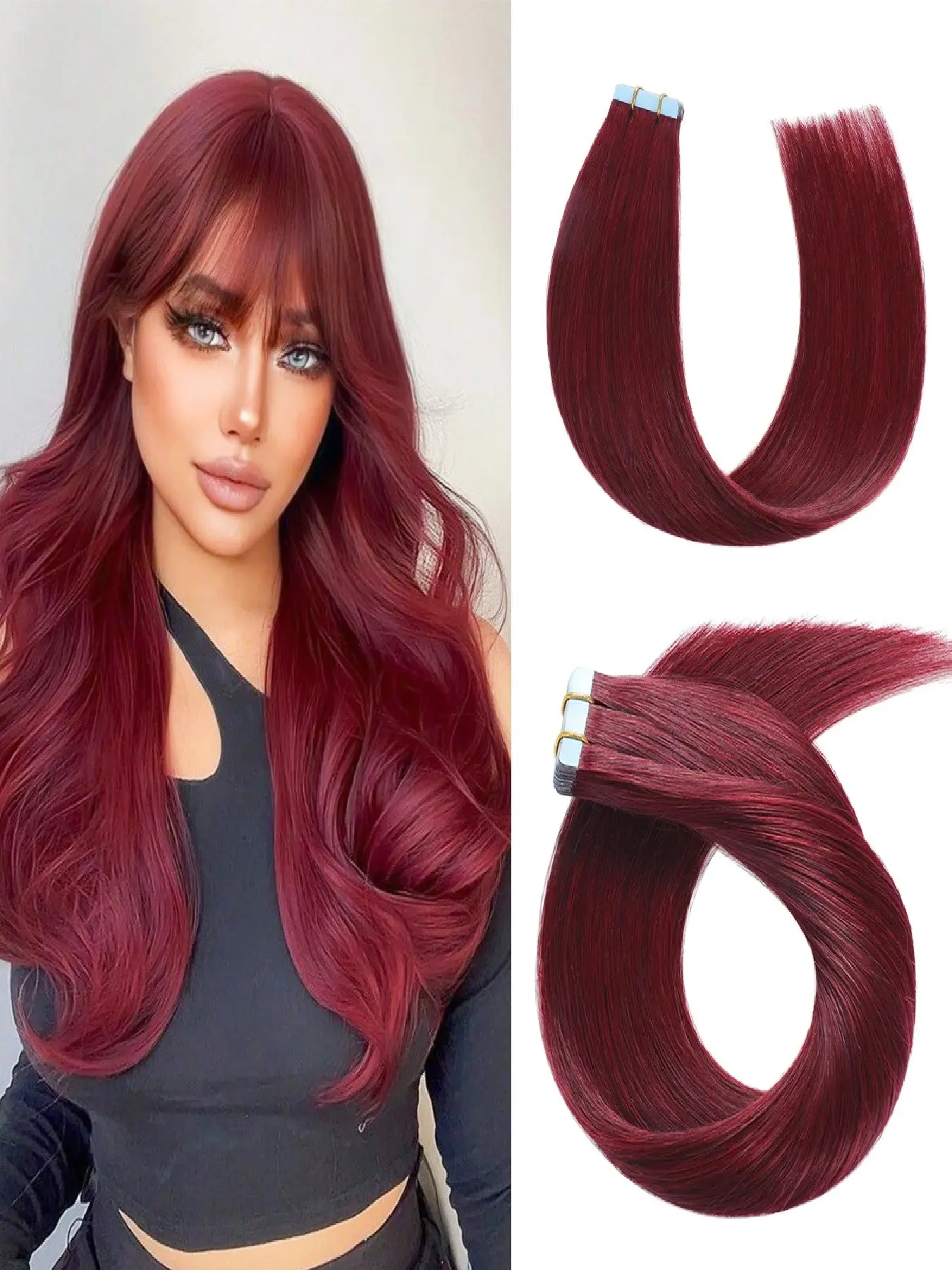Tape in Hair Extensions Human Hair Burgundy Straight, Hair Pieces Extensions, 20pcs Pack 30g, Salon Quality for Women, Adds Length & Volume, High Quality, Hair Extensions Set, Extension Hairpiece
