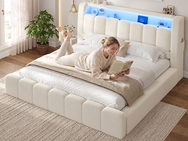 ADORNEVE King Size Bed Frame with Upholstered Boucle Headboard, Customizable LED Lighting, Charging Station, Soft Foam Padding, Rounded Corners - Ideal for Bedroom Decor, Functional Home Use,dorm essentials,home decor ADORNEVE King Size Bed Frame with Upholstered Boucle Headboard, Customizable LED Lighting, Charging Station, Soft Foam Padding, Rounded Corners - Ideal for Bedroom Decor, Functional Home Use,dorm essentials,home decor