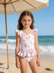 Girls' Pink Ocean Themed One-Piece Swimsuit, Shell & Starfish Print with Ruffle Flutter Sleeves, Beach Vacation Wear