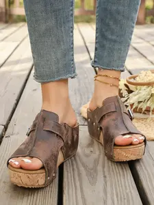 2026 Summer Tiktok Best-Selling Cork Wedge Sandals for Women, Open Toe Thick Sole Slip-Ons, Adjustable Metal Buckle Rivet PU Mules