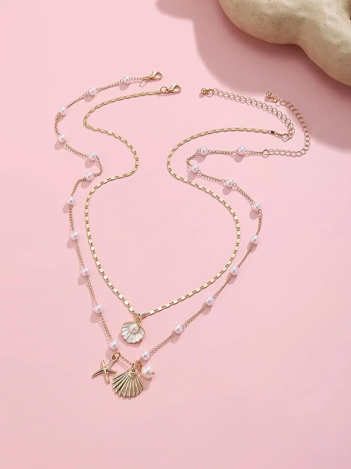 Boho Feather & Shell Necklace with Pink Starfish Charm Summer Shell Necklace, Starfish Charm Necklace, Chunky Beach  main image 2