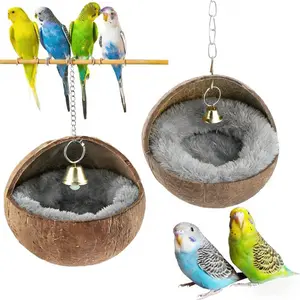 Natural Coconut Shell Bird Nest House Bed Breeding Nesting Anti-pecking Anti-biting with Warm Pad and Bell Suitable for Birds Parrots Budgerigars Long-tailed Small Parrots Cockatiels Lovebirds Goldfinches