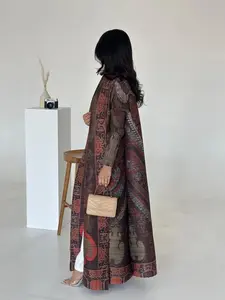 Miyake Arabic Style Women's Abaya with Ethnic Print, Belted Loose-Fitting Long Kimono for All Seasons, Fashionable Modest Outerwear for Events