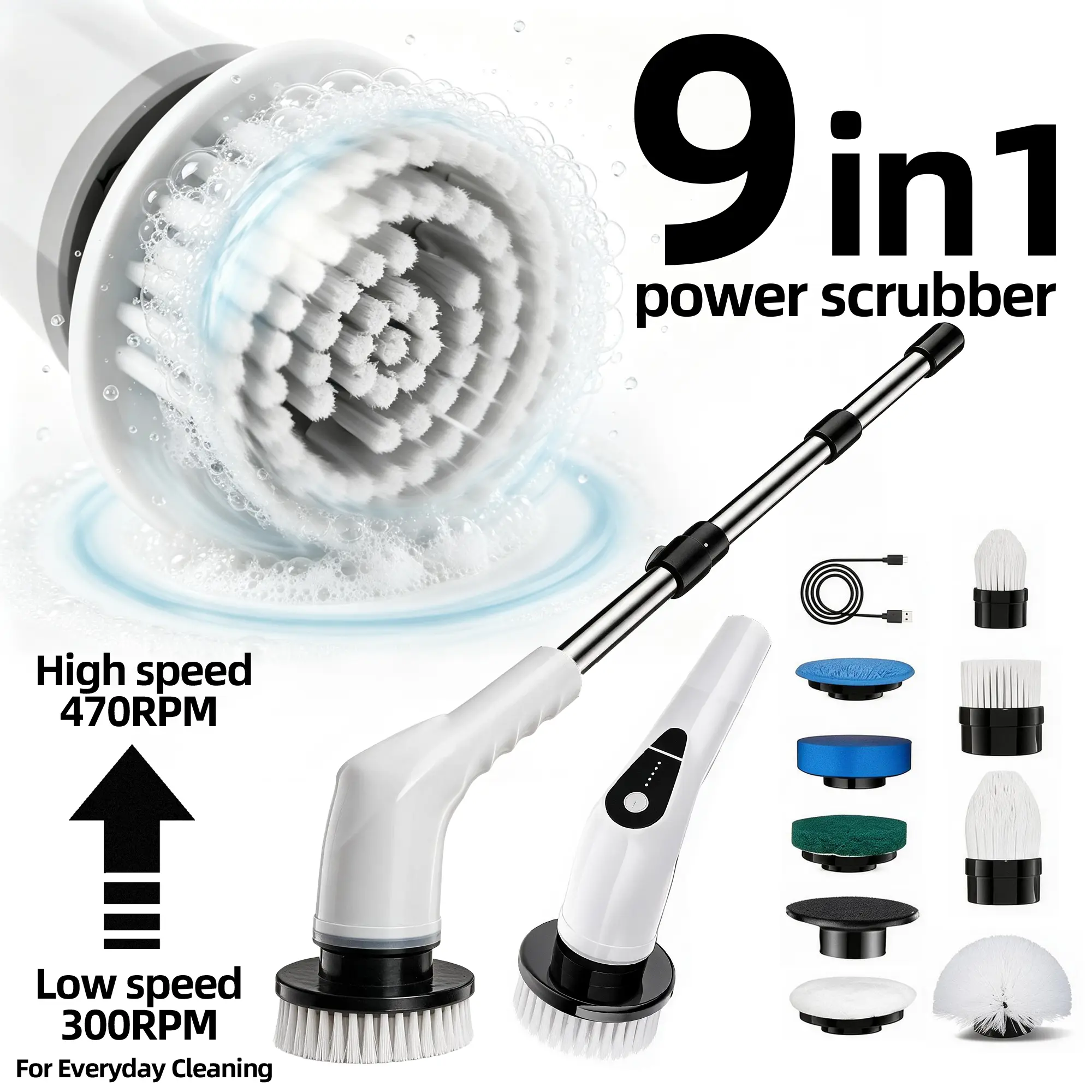 Cordless Rechargeable Electric Spin Scrubber, Electric Cleaning Brush, 5‑Speed Adjustable Power Cleaning Tool with 8 Replaceable Brush Heads, USB Charging, Relieve Back Pain for Bathroom, Kitchen, Tile & Stainless Steel Surfaces