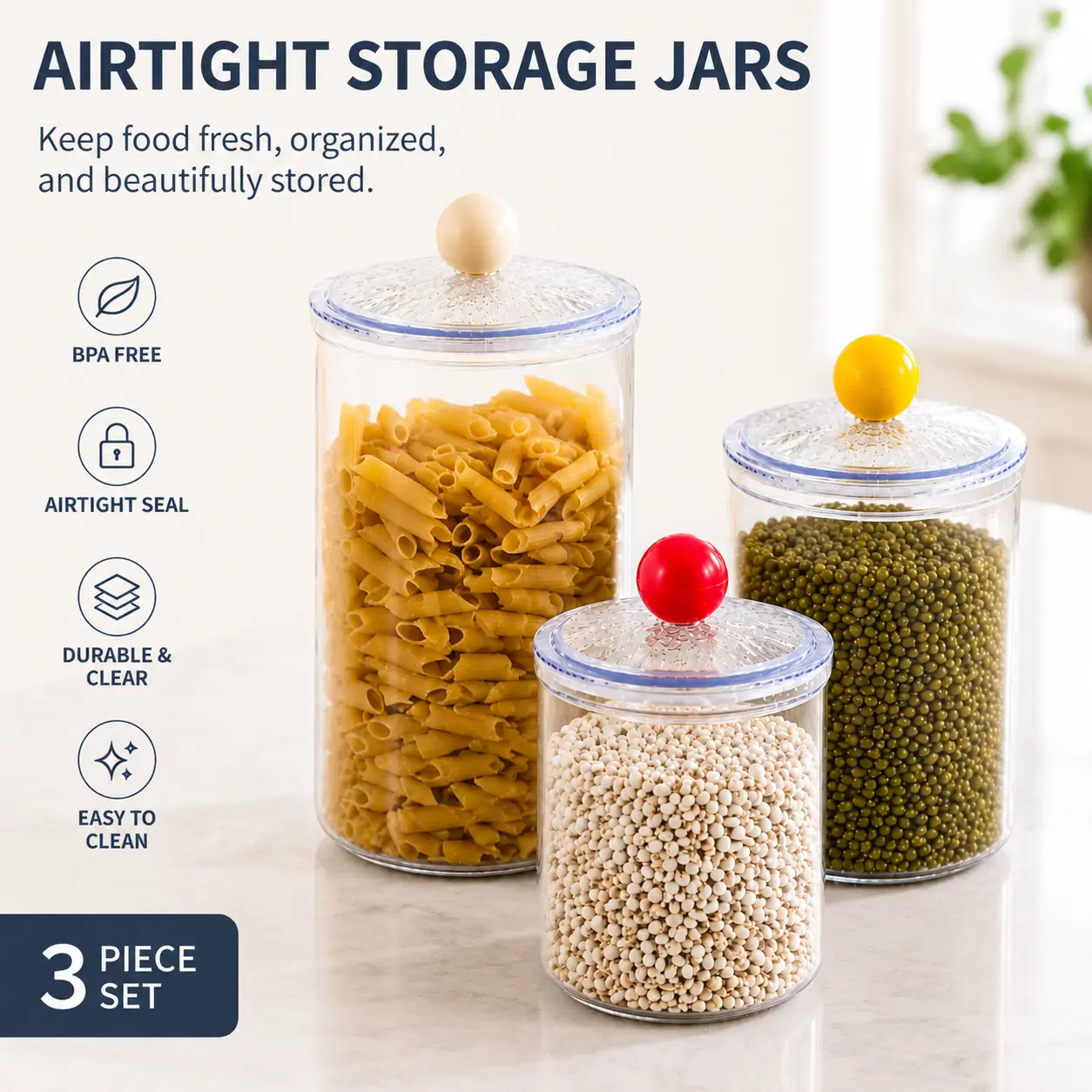 3-Piece Airtight Food Storage Jar Set, Clear Multi-Size Kitchen Canisters with Sealed Lids for Pasta, Rice, Cereal, Beans, Coffee, Snacks and Dry Goods
