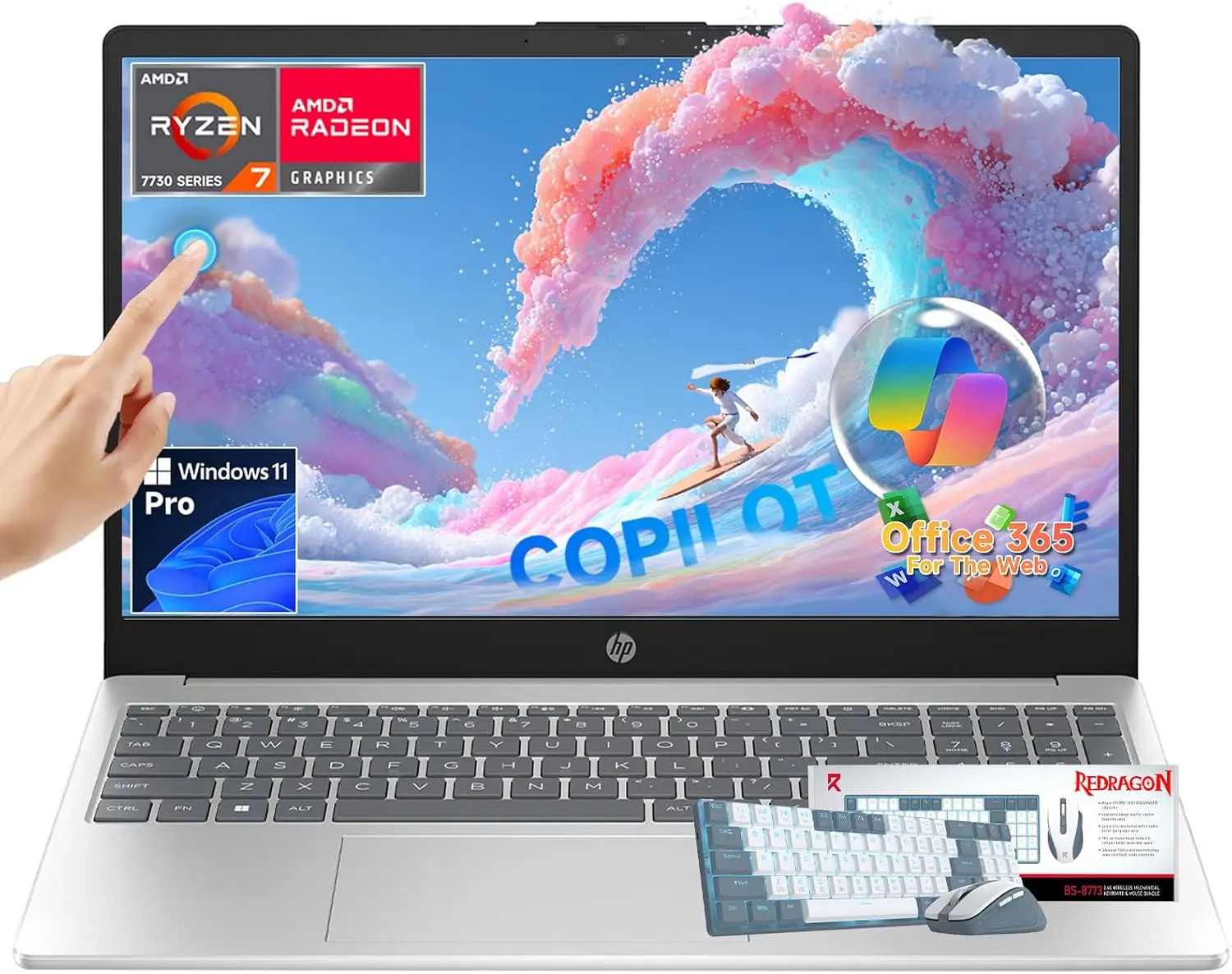 HP 15.6" FHD Touchscreen Laptop, AMD Ryzen 7 7730U(8-Core Beats i7-1355U), 16GB RAM 512GB SSD, Windows 11 Pro + Office 365 for the Web, Copilot Key, Wi-Fi 6, Patented KB Kit