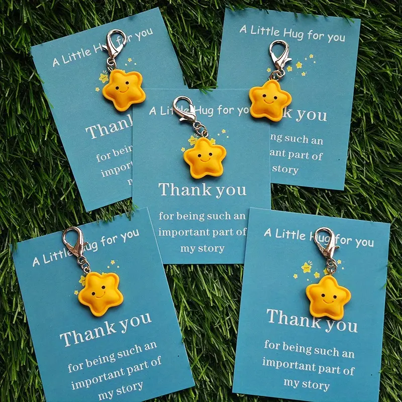 Keychain 5-Piece Multipack, Cute Cartoon Star Zinc Alloy Charms in Teal & Yellow with 'Thanks for Being Part of My Story' Message, Lobster Clasp for Everyday Carry, Thanksgiving Gift, Kawaii Accessories