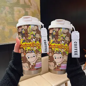 Coffee Cup ~ 530ML Insulated Travel Mug, Curious George Cartoon Monkey Design, Dual-Layer Leakproof Handle, Perfect Gift for Coffee Lovers