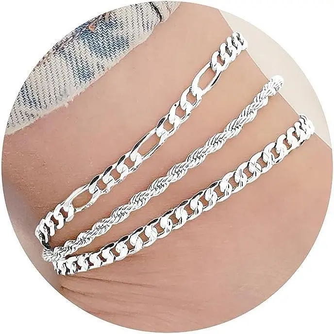 Sterling Silver Ankle Bracelets for Women Strong Lobster Clasp - Cuban Link, Figaro, Rope, Flat Mariner, Snake Herringbone, Satellite, Paperclip - Summer Beach Waterproof Silver Anklet