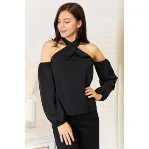 Perfee Grecian Cold Shoulder Long Sleeve Blouse