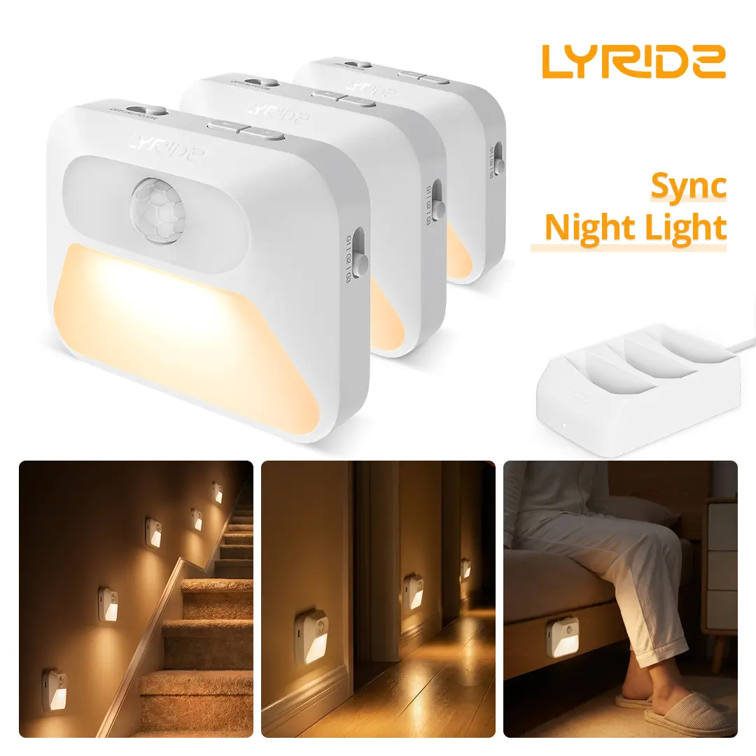 Lyridz Sync Night Light 3-Pack, Rechargeable Cordless Motion Sensor Step Lights with 3-in-1 Charging Dock, Stepless Dimmable Indoor Lamp for Stairs Hallway Bathroom Bedroom Nursery Pets