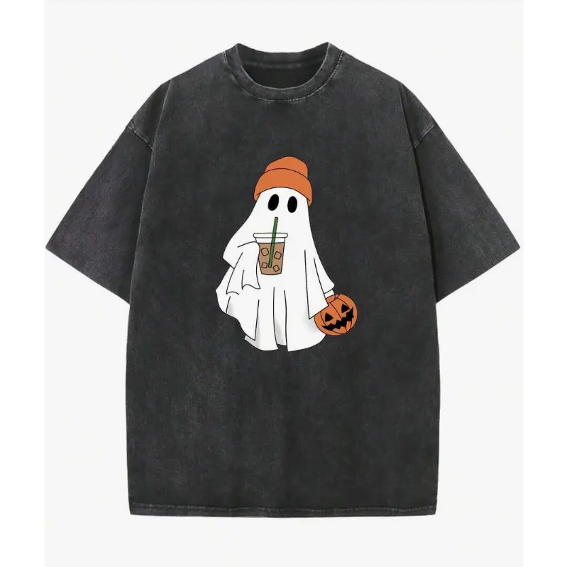Men's Oversized Vintage Washed 100% Cotton Crewneck T-Shirt, Shortleeve Casual Menswear with Fall Halloween Ghost Iced Coffee Pumpkin Print, Unisex Fitness Top