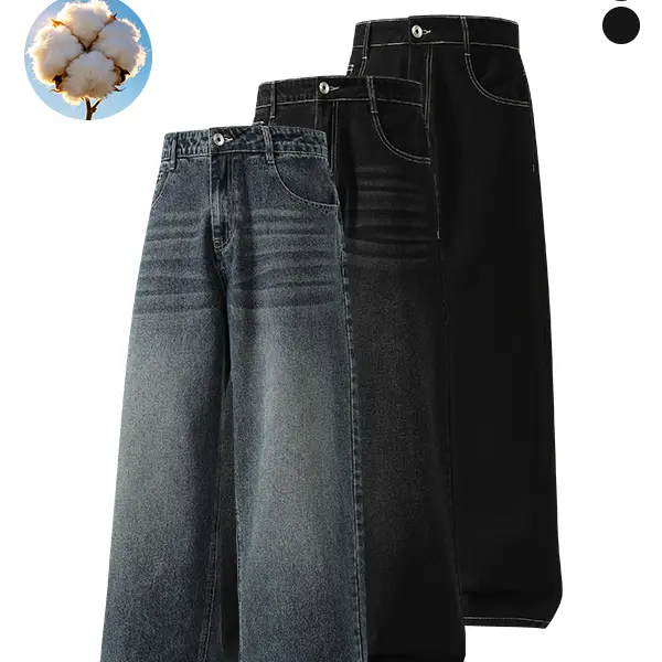 3-pack men’s cotton wide-leg jeans, loose fit with straight cut, casual street retro gradient wash denim fabric