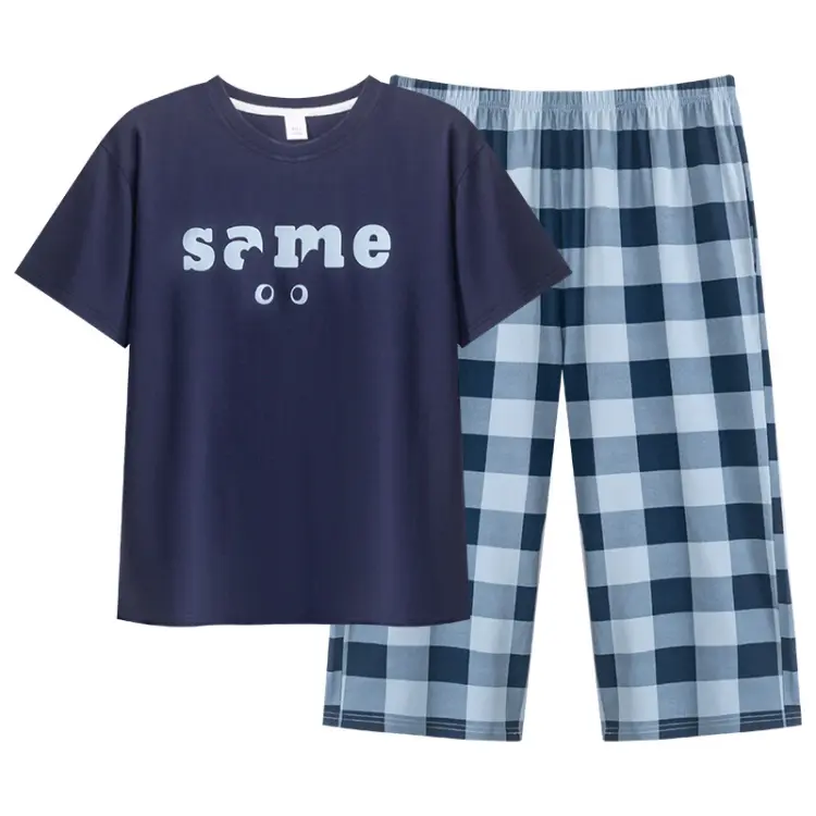100% Cotton Women Capri Pajama Set 2 Pcs Short Sleeve Top Capris pants Sleepwear