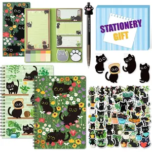 Notebook Sticky Notes Stationery Set, 5Pcs A5 Spiral Notebooks with Sticky Notes Neutral Pen Stickers Magnet Bookmarks for Office School Students Birthday Supplies Gift (Black Cat Floral)