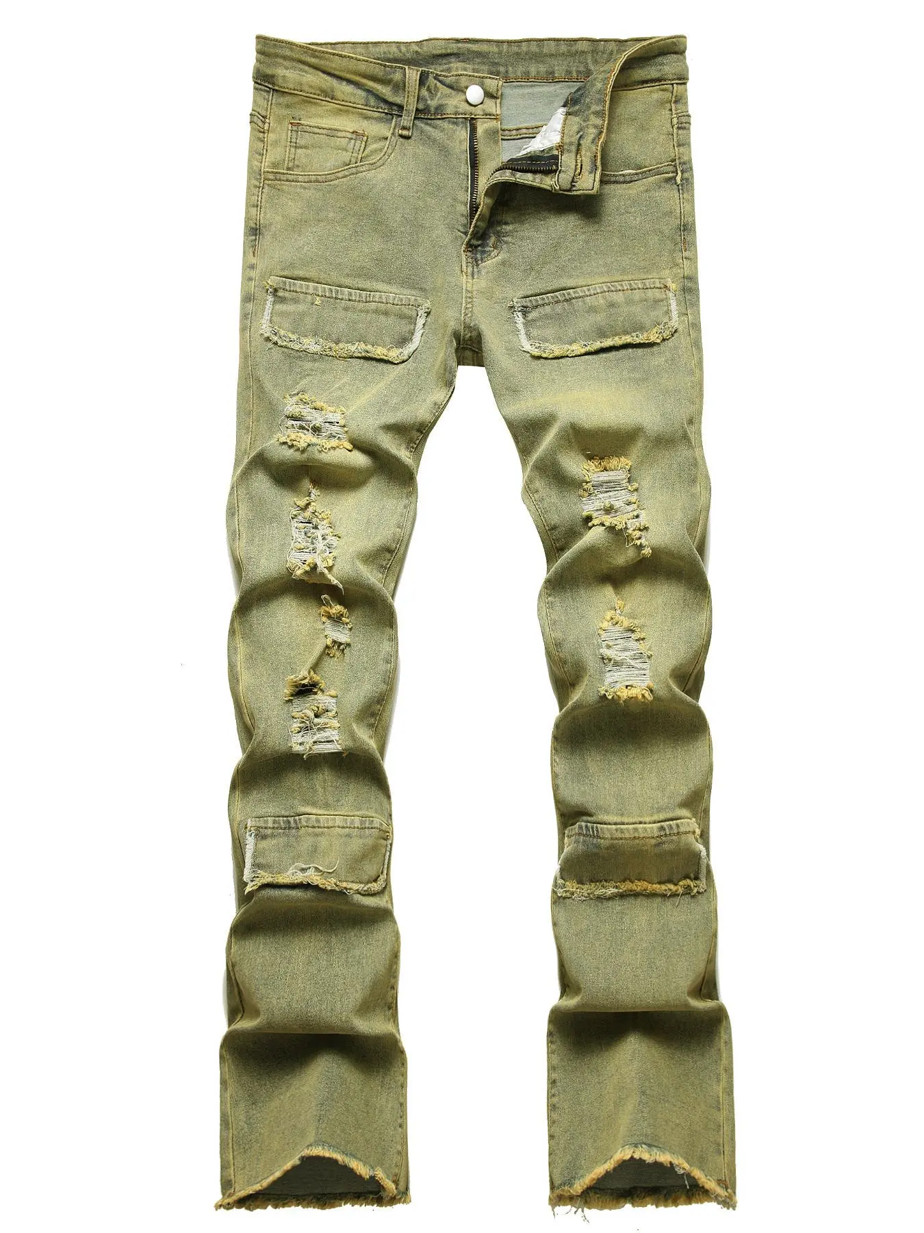 Men's Flap Detail Button Ripped Cotton Jeans, Regular Fit Casual Pocket Zipper Raw Hem Denim Pants, Fashion Men's Bottoms for All Seasons
