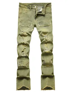 Men's Flap Detail Button Ripped Jeans, Regular Fit Casual Pocket Zipper Raw Hem Denim Pants, Fashion Men's Bottoms for All Seasons, Denim Streetwear