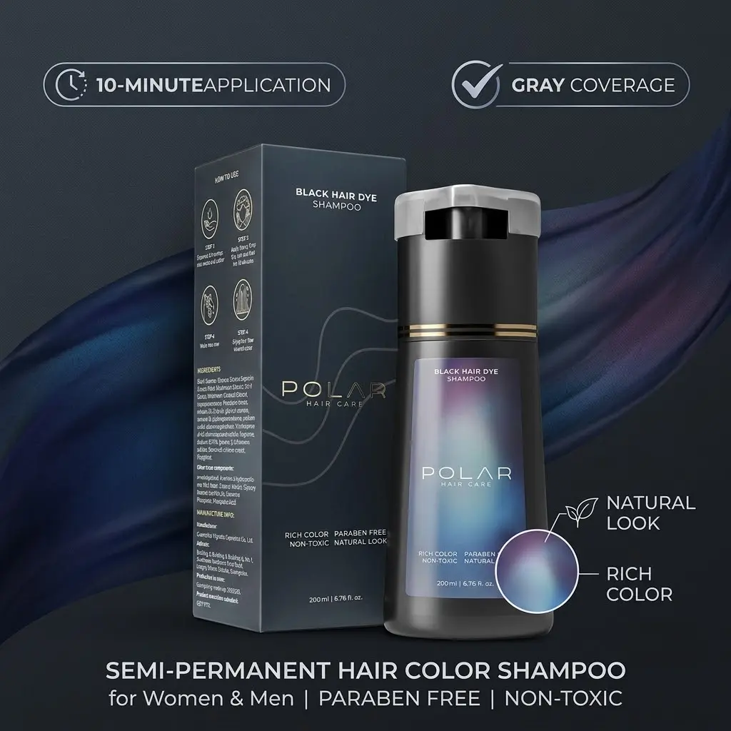 Polar Hair Care Official Instant Color Dye Shampoo - 10-Minute Gray Coverage, Semi-Permanent for Adults, 200 ml