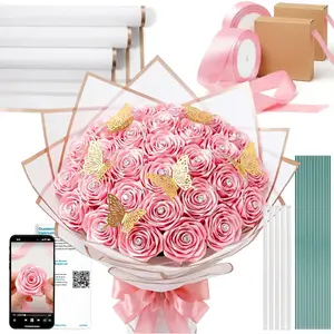 Caydo Pink Ribbon Rose Bouquet for 2026 Graduation Gifts, 91PCS Ribbon Flower Making Kit with Floral Stem Wire, Wrapping Paper, Glue Stick, 3D Butterfly & Diamond Pins