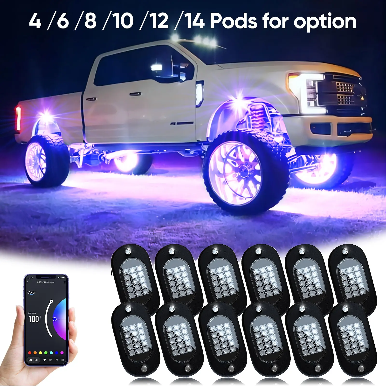 Car Rock Lights RGB Underglow Decor Light Pods 4/6/8/10/12/14 with Bluetooth APP Control, Multi-Color Neon, Music Mode, Waterproof IP68, Fit for Truck Atv Utv Rzr Suv, Men's Valentine‘s Gift Ideas, Led Car Ambient Light, Car Decorative Light
