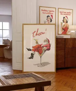[Sale Up To 50%][No frame, Free Ship] Cheers Santa Claus Poster, Funny Retro Christmas Wall Art, Vintage Holiday Cocktail Print, Santa Martini Bar Cart Decor Gift