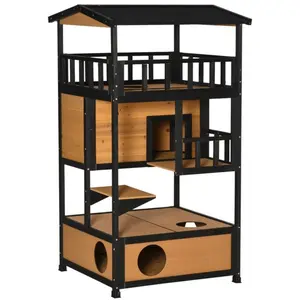 Wooden Outdoor Cat House with Large Balcony, Shelter Wooden Kitty Home Feral Cat Shelter Kitten Condo with Asphalt Roof, Escape Doors, Condo, Jumping Platform