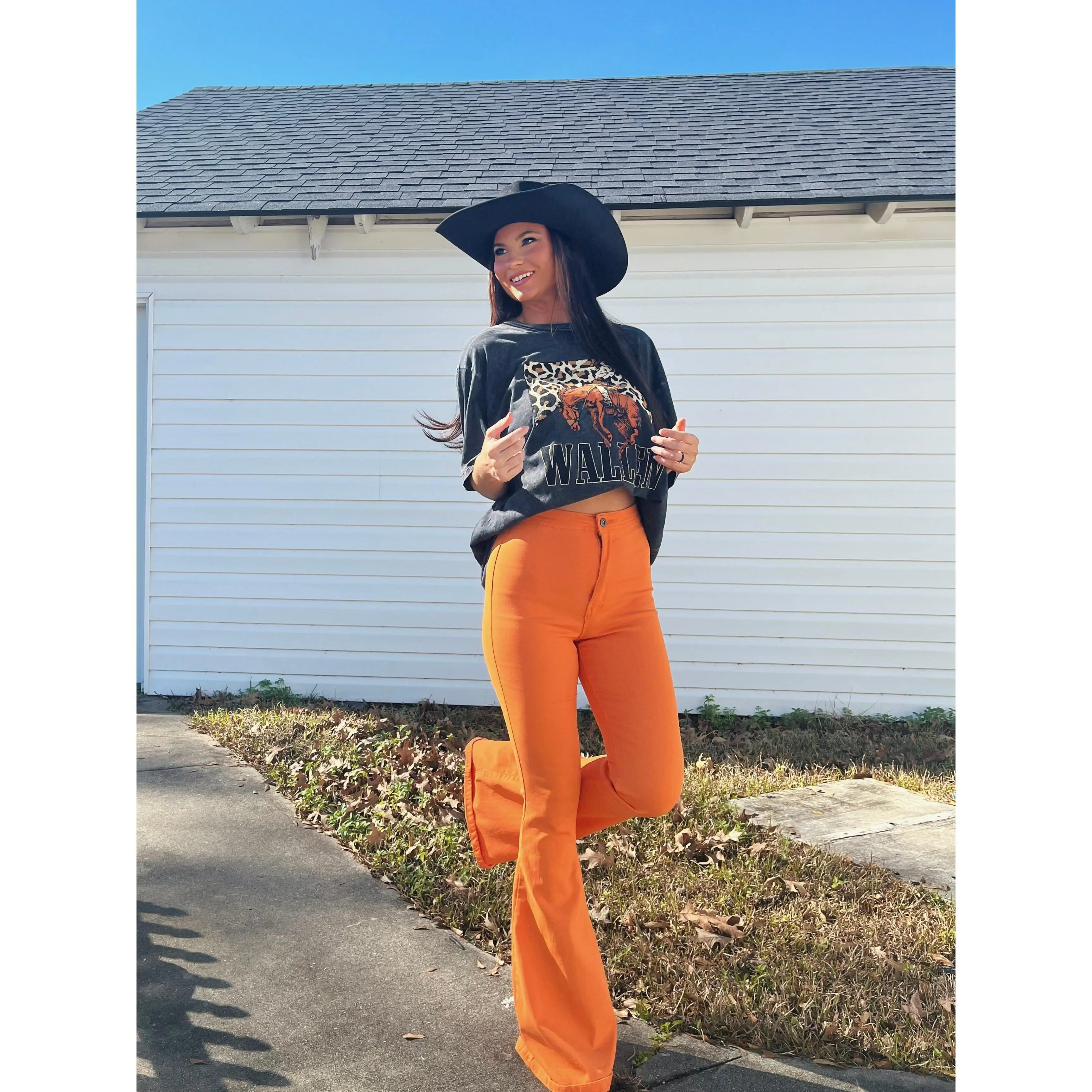 Women's Fiona High Waisted Bell Bottom Flare Denim Jeans - Spandex, Smooth Fabric, Orange, Day Wear, Love, Streetwear