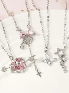 4-Piece Y2K Style Necklace Set, Vintage Colorful Crystal Cross Heart Star Butterfly Pendant, Perfect for Parties and Gifts, Layering Necklaces