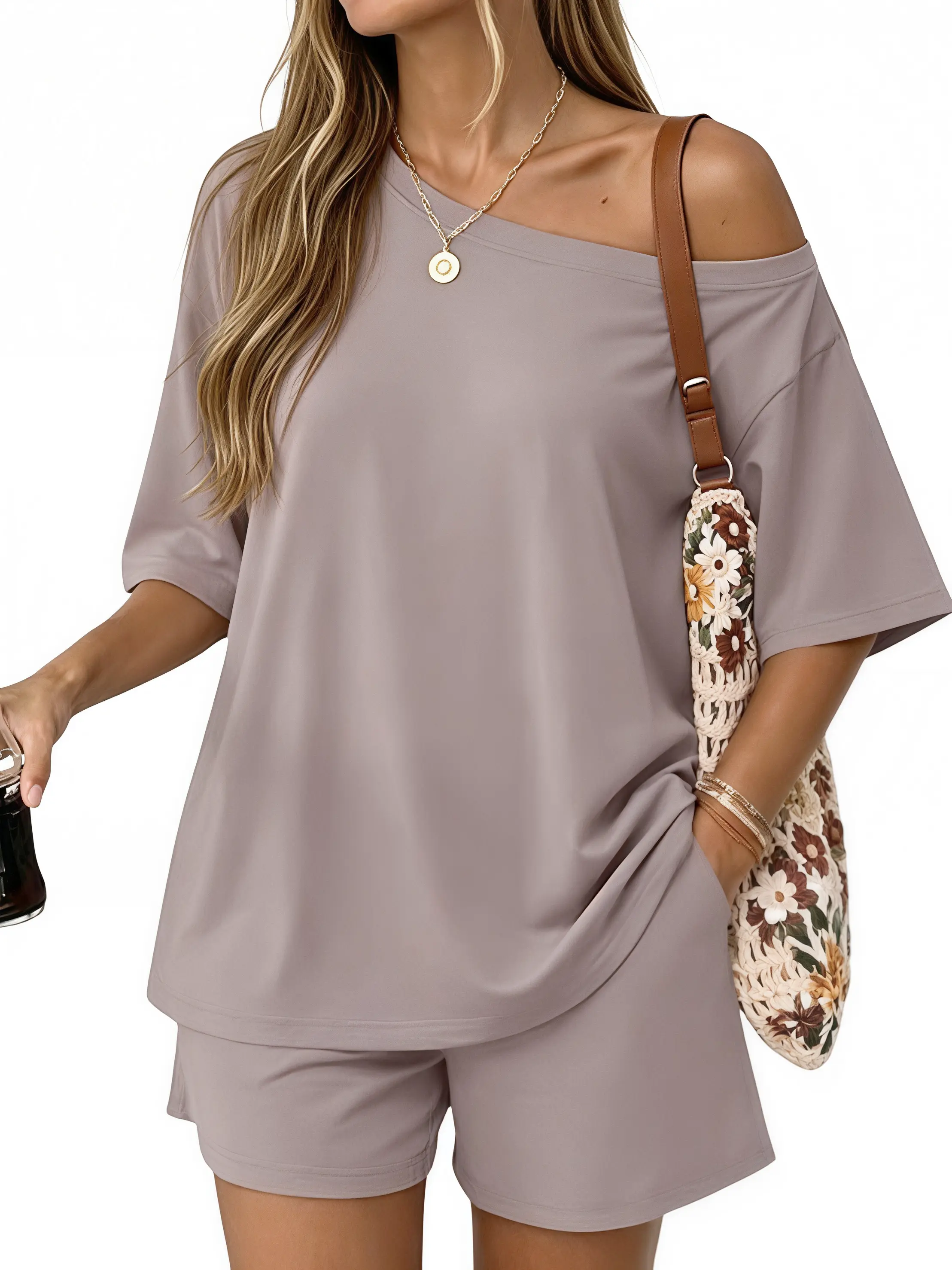 Womens 2 Piece Summer Shorts Set Lounge, Solid Loose Short Sleeve Tee and High Waist Shorts 2PCS Outfits, Lightweight Casual Lounge Wear, Trendy Summer Daily Holiday Matching Set for Ladies