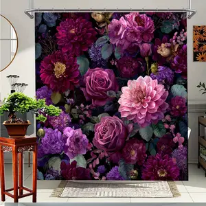 2D Flat 1Pc Elegant Floral Shower Curtain, suitable for bathroom decoration, romantic floral pattern with 12 hooks, soft bathtub curtain, enhances bathroom decor, hand washable, suitable for bathtubs