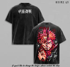 Yuji Itadori Sukuna Jujutsu Kaisen Anime Vintage Washed T Shirt Dual Face Curse Power Graphic Back Manga Streetwear Tee