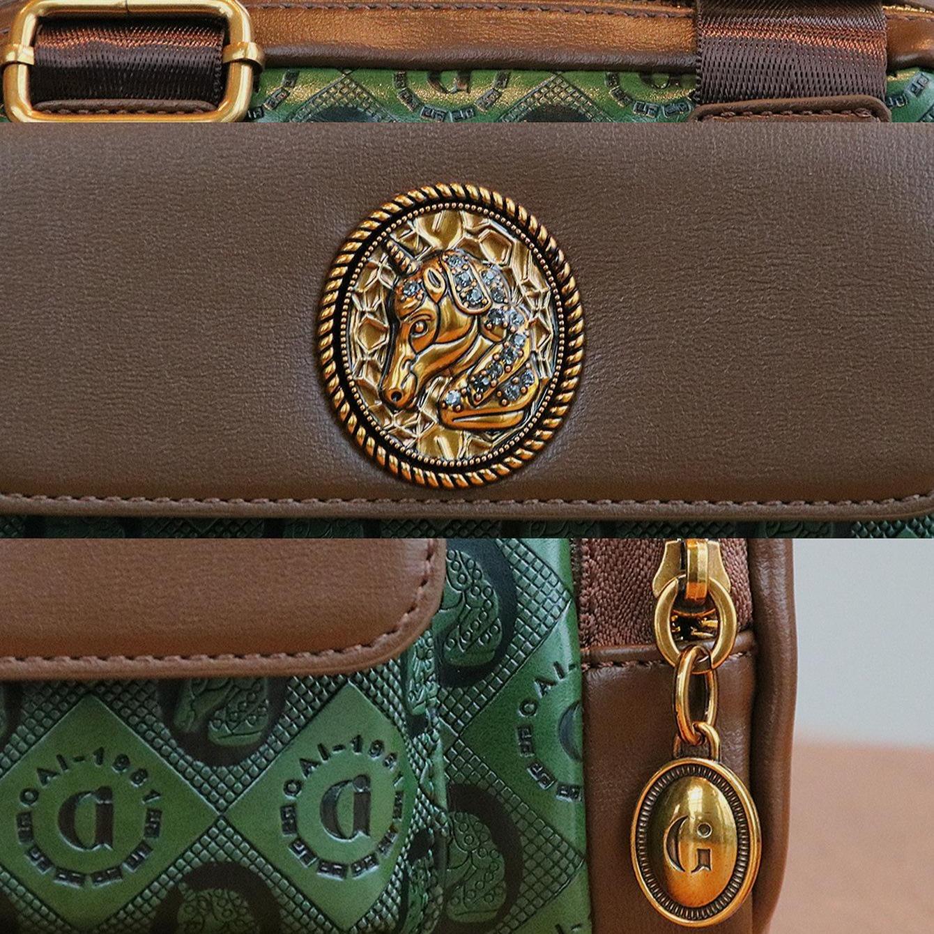 Vintage Embossed Faux Leather Boston city real Bag Equestrian Style Satchel Purse luxury designer