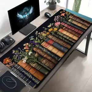 [Esports Mouse Pad] 1pc Large-sized Esports Gaming Mouse Pad with a Combination Pattern of Old Books and Wildflowers, Featuring a Rubber Base. This Oversized Desk Mat Is an Office Desk Accessory and Computer Decor Item. It Also Serves as a Gaming Mouse Pa