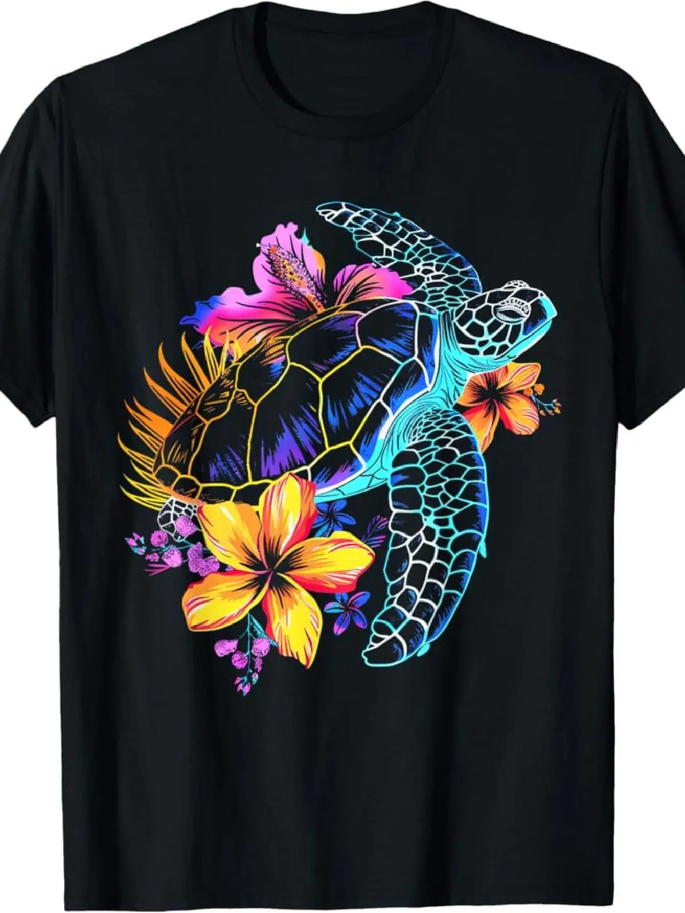 Men'S Vintage Hawaiian Tropical Sea Turtle & Hibiscus Flower T-Shirt - Soft Breathable Short Sleeve Round Neck Tee with Vibrant Turtle & Hibiscus Print, Relaxed Fit Casual Beachwear for Everyday Summer Outfits, Machine Washable Hawaiian Shirt for Me