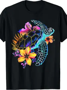 Men'S Vintage Hawaiian Tropical Sea Turtle & Hibiscus Flower T-Shirt - Soft Breathable Short Sleeve Round Neck Tee with Vibrant Turtle & Hibiscus Print, Relaxed Fit Casual Beachwear for Everyday Summer Outfits, Machine Washable Hawaiian Shirt for Me