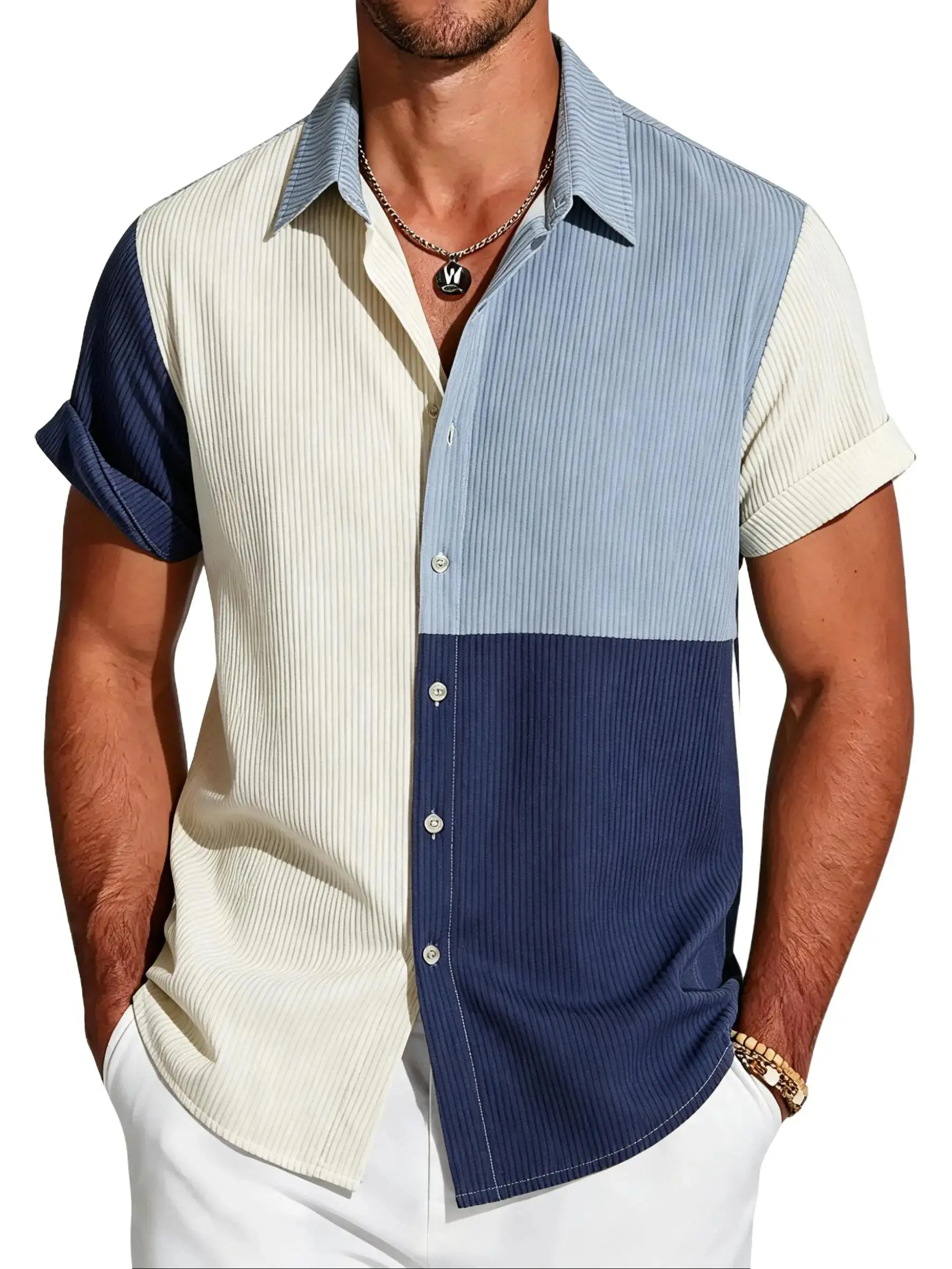 Men's Color Block Patchwork Ribbed Shirt, Short Sleeve Lapel Button Up, Lightweight Summer Casual Streetwear for Men