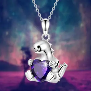 Exquisite Vintage-Inspired Amethyst Zircon Dinosaur Cub Alloy Pendant Necklace - Elegant Dino-Thomed Jewelry Gift for Women, Unique Dinosaur Lover Accessory with Sparkling Purple Gemstone