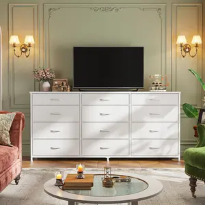 Raybee Furniture 65" TV Stand Dresser with 9 Fabric Drawers, Modern Chest with LED Lights & Built-in Charging Station, Long Storage Dresser with Wooden T