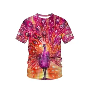 Men's 3D Printed Peacock T-Shirt - Vibrant Multicolor Full-Body Print with Intricate Feather Design, Short Sleeve Round Neck Lightweight Summer Casual & Festival Wear, Machine Washable Bold Statement Tee in Pink