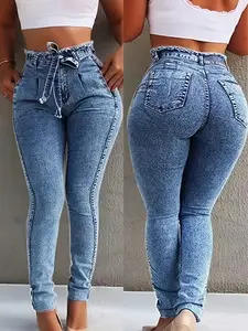 Women'S Mid-rise Fashionable Casual Jeans | Blue Skinny Jeans with Butt-lifting Stretch, Lace-up Detail, Suitable for All Seasons, Perfect for Home, Office, and Outdoor Activities