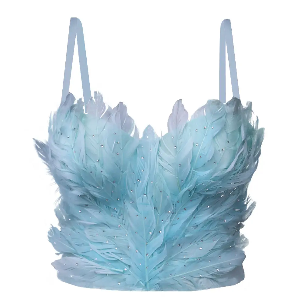 Women's Sleeveless Rhinestone Crop Top - Geometric Strapless Bustier Corset with Feather Trim for Party, Stage Wear, Rhinestones