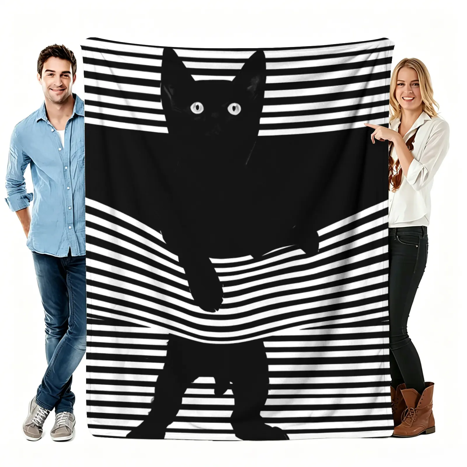 Minimalist Black Cat Striped Flannel Throw Blanket - Breathable, Soft, Warm, Lightweight (50"x60"), Multi-Size Travel-Ready for Home & Office, Pet Lover Gift, Breathable Blanket, Flannel Throw Blankets