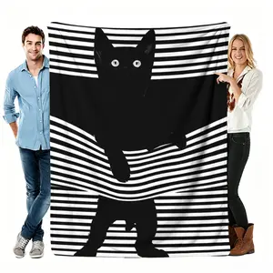 Minimalist Black Cat Striped Pattern Flannel Blanket Soft Warm Cozy Lightweight Throw Blanket for Home Office Travel Camping Pet Lover Gifts 50"x60"
