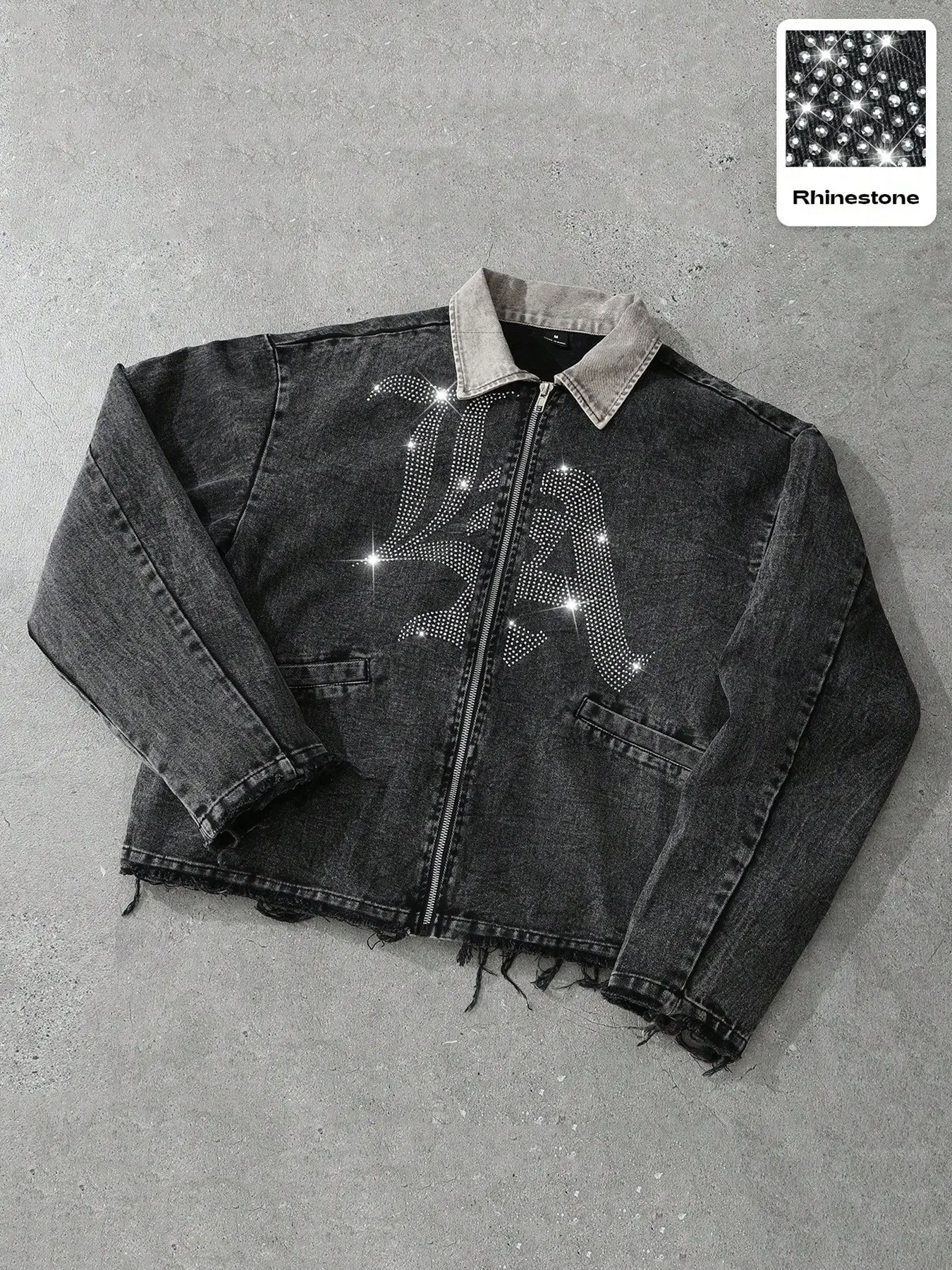 American High Street Letter Rhinestone Casual Oversized Streetwear Jacket, Washed Vintage Frayed Edge, Loose Fit Zipper Outerwear, Street Style Coat